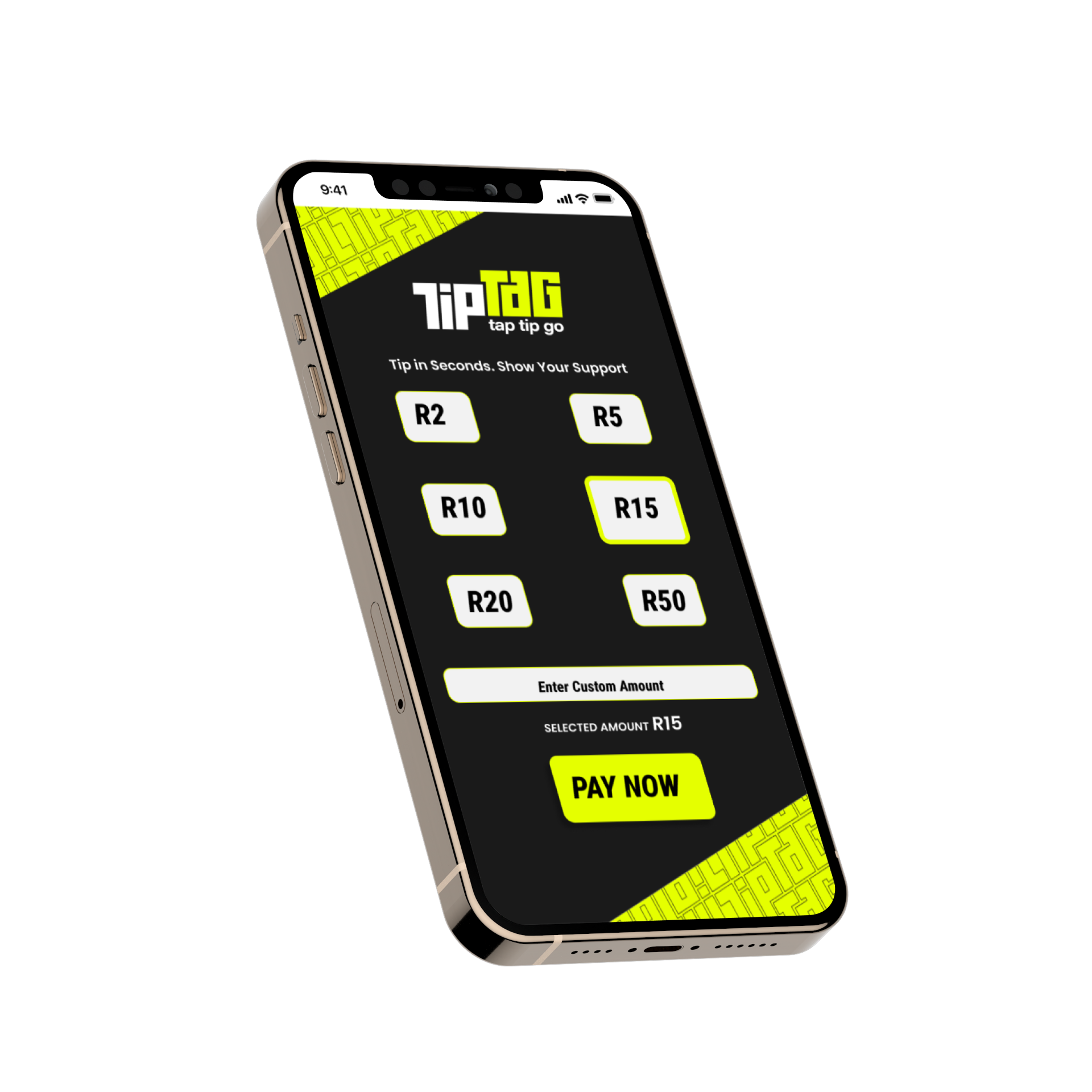 An iPhone mockup displaying the Tip Tag application's tipping interface.